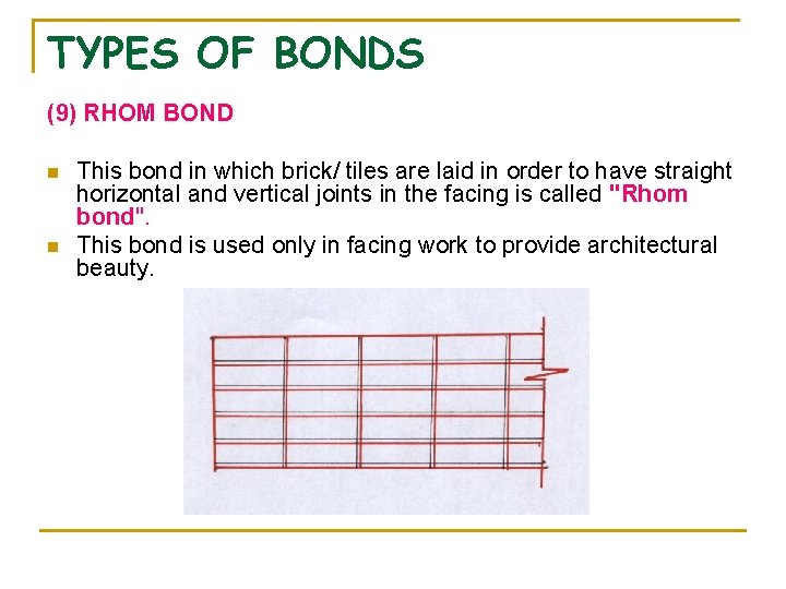 TYPES OF BONDS (9) RHOM BOND n n This bond in which brick/ tiles
