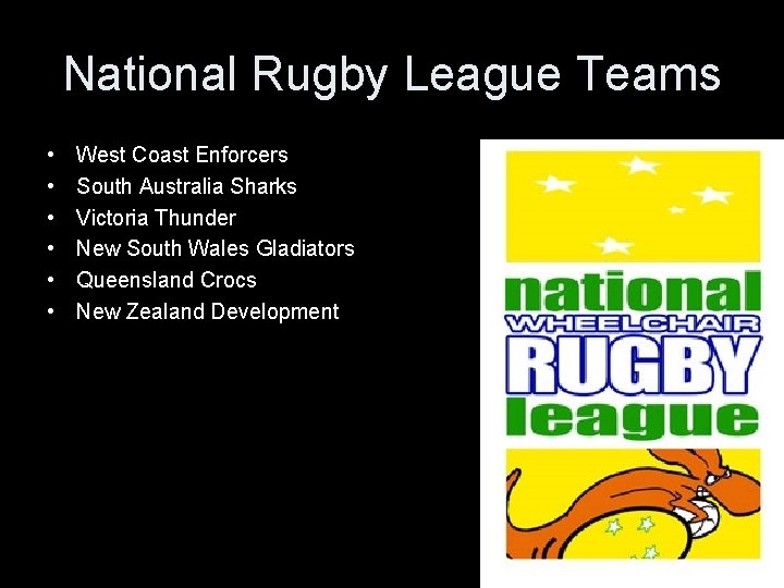 National Rugby League Teams • • • West Coast Enforcers South Australia Sharks Victoria