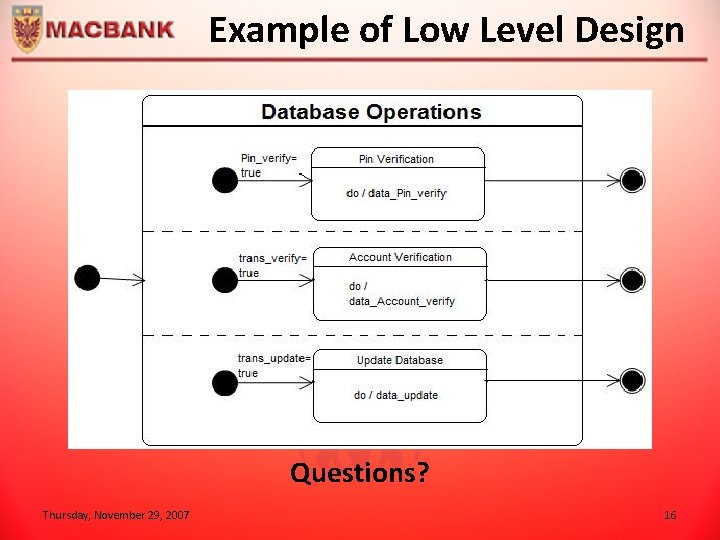 Example of Low Level Design Questions? Thursday, November 29, 2007 16 