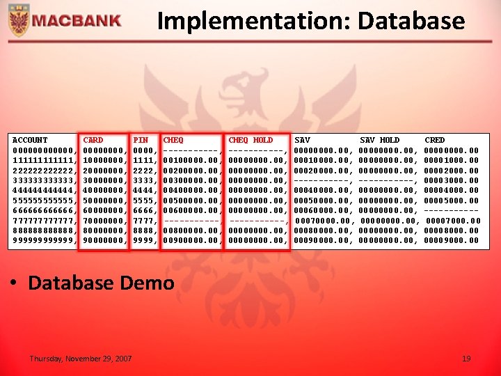 Implementation: Database ACCOUNT 000000, 111111, 222222, 333333, 444444, 555555, 666666, 777777, 888888, 999999, CARD