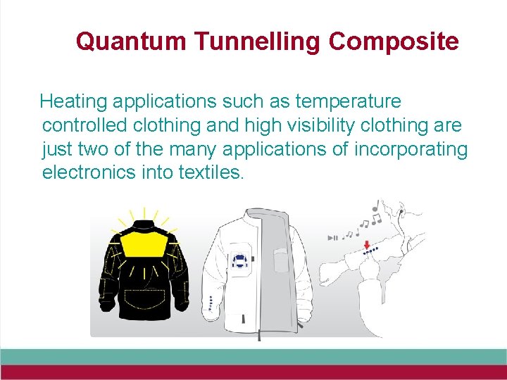 Quantum Tunnelling Composite Heating applications such as temperature controlled clothing and high visibility clothing