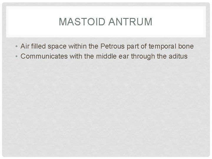 MASTOID ANTRUM • Air filled space within the Petrous part of temporal bone •