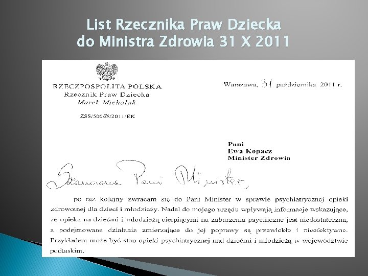 List Rzecznika Praw Dziecka do Ministra Zdrowia 31 X 2011 