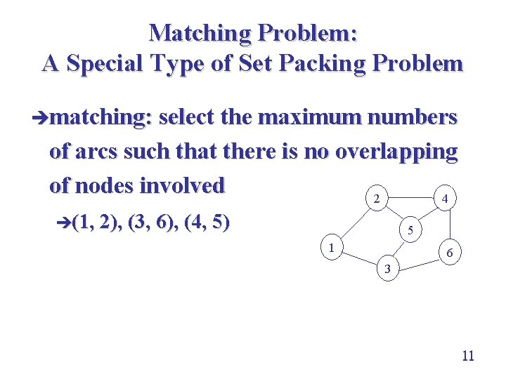Matching Problem: A Special Type of Set Packing Problem èmatching: select the maximum numbers
