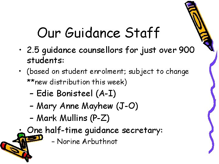 Our Guidance Staff • 2. 5 guidance counsellors for just over 900 students: •