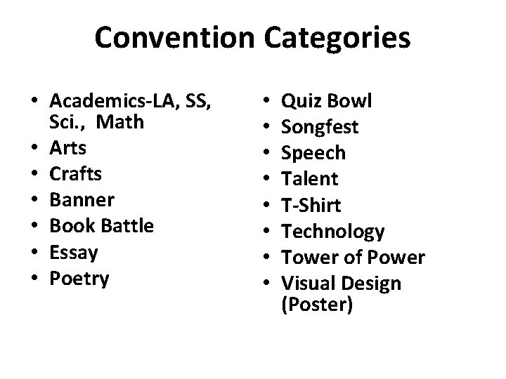  Convention Categories • Academics-LA, SS, Sci. , Math • Arts • Crafts •