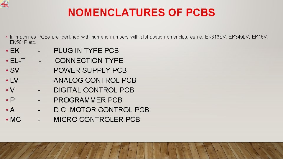 NOMENCLATURES OF PCBS • In machines PCBs are identified with numeric numbers with alphabetic