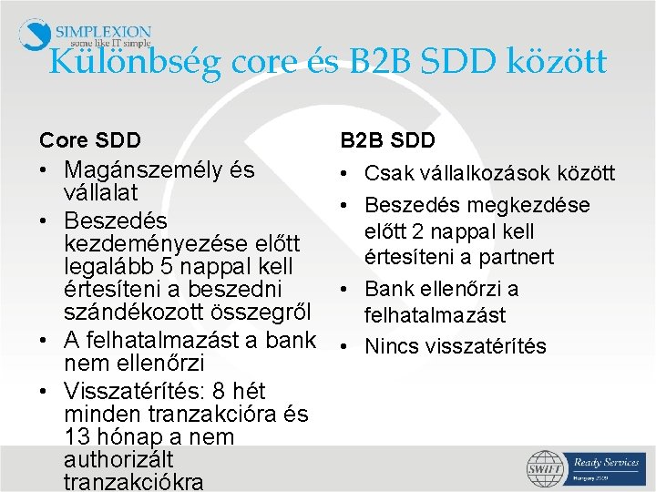 Különbség core és B 2 B SDD között Core SDD B 2 B SDD