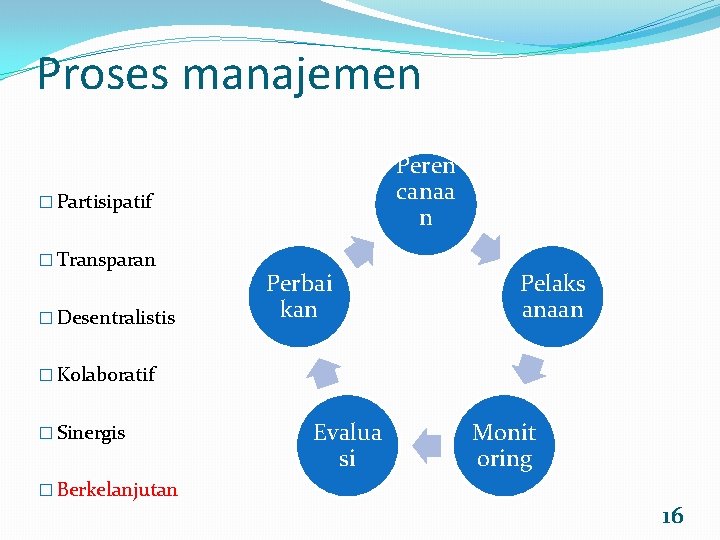 Proses manajemen Peren canaa n � Partisipatif � Transparan � Desentralistis Perbai kan Pelaks