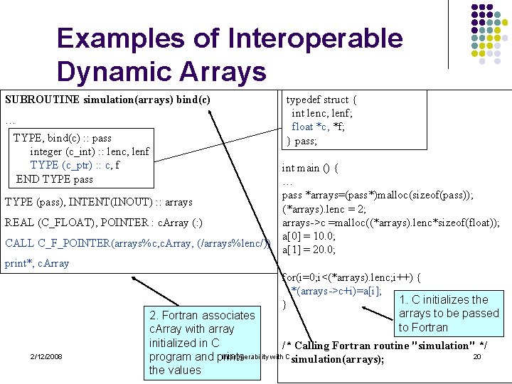 Examples of Interoperable Dynamic Arrays SUBROUTINE simulation(arrays) bind(c) … TYPE, bind(c) : : pass