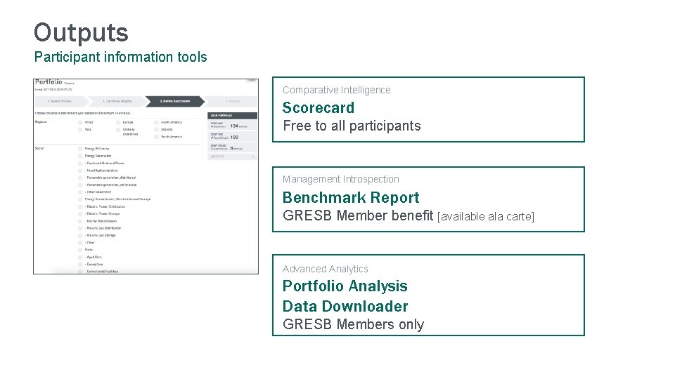 Outputs Participant information tools Comparative Intelligence Scorecard Free to all participants Management Introspection Benchmark