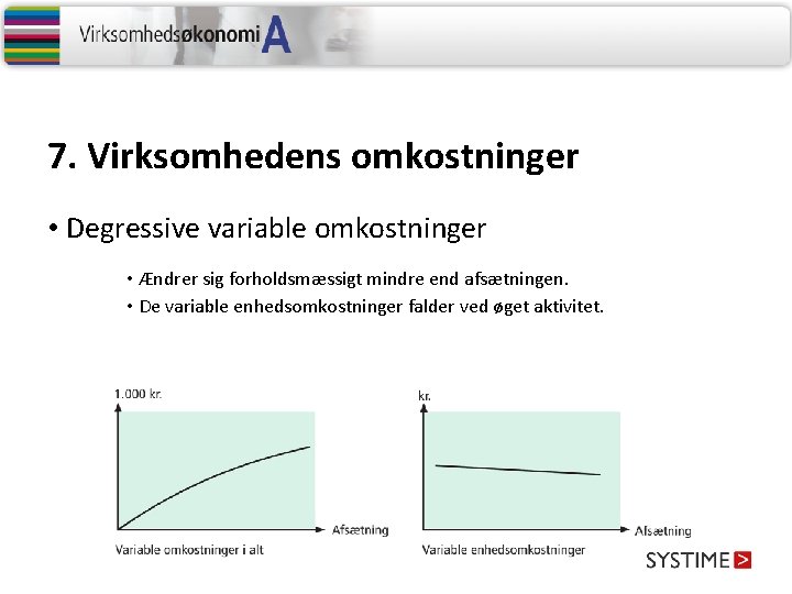 7. Virksomhedens omkostninger • Degressive variable omkostninger • Ændrer sig forholdsmæssigt mindre end afsætningen.