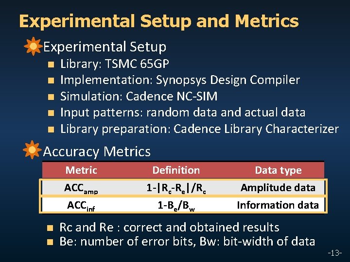 Experimental Setup and Metrics n Experimental Setup n n n Library: TSMC 65 GP
