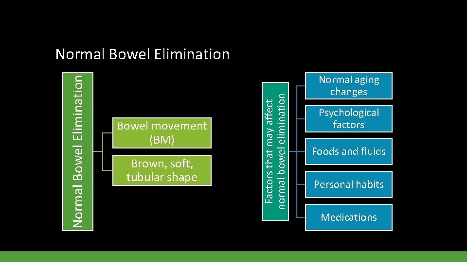 Bowel movement (BM) Brown, soft, tubular shape Factors that may affect normal bowel elimination