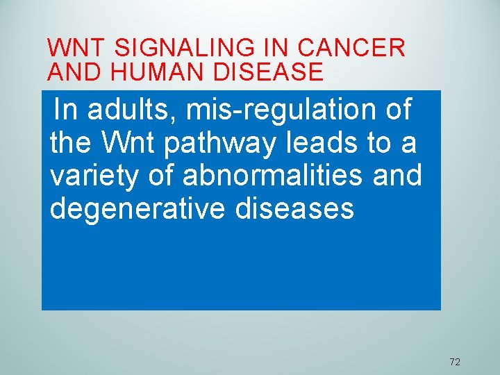 WNT SIGNALING IN CANCER AND HUMAN DISEASE In adults, mis-regulation of the Wnt pathway