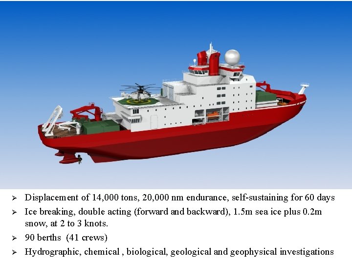 Ø Ø Displacement of 14, 000 tons, 20, 000 nm endurance, self-sustaining for 60