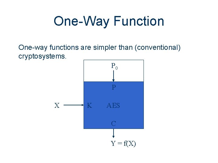 One-Way Function One-way functions are simpler than (conventional) cryptosystems. P 0 P X K