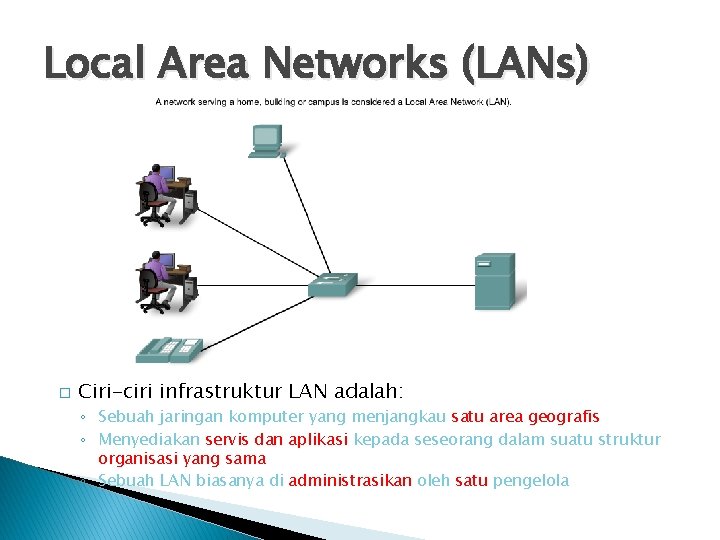 Local Area Networks (LANs) � Ciri-ciri infrastruktur LAN adalah: ◦ Sebuah jaringan komputer yang