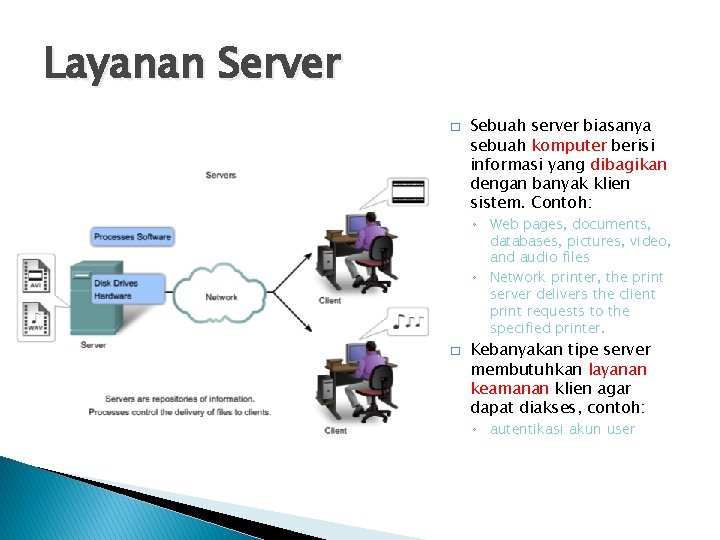 Layanan Server � Sebuah server biasanya sebuah komputer berisi informasi yang dibagikan dengan banyak