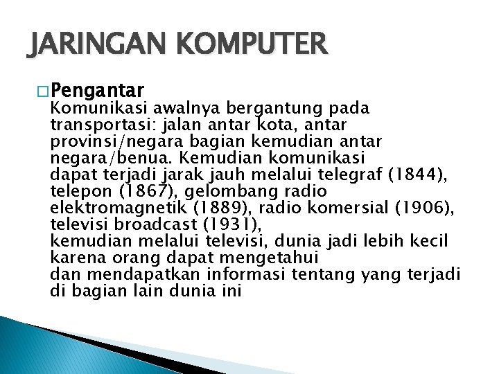 JARINGAN KOMPUTER � Pengantar Komunikasi awalnya bergantung pada transportasi: jalan antar kota, antar provinsi/negara