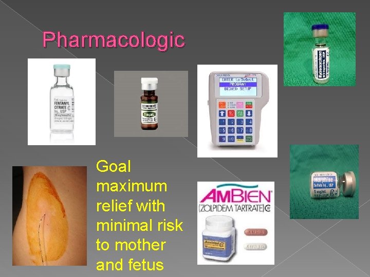 Pharmacologic Goal maximum relief with minimal risk to mother and fetus 