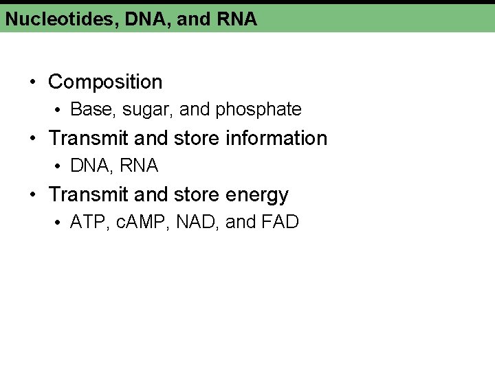 Nucleotides, DNA, and RNA • Composition • Base, sugar, and phosphate • Transmit and