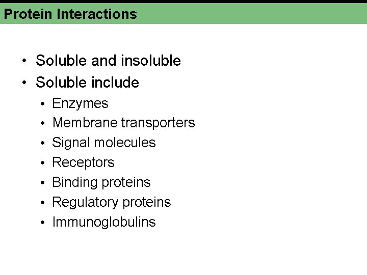 Protein Interactions • Soluble and insoluble • Soluble include • • Enzymes Membrane transporters
