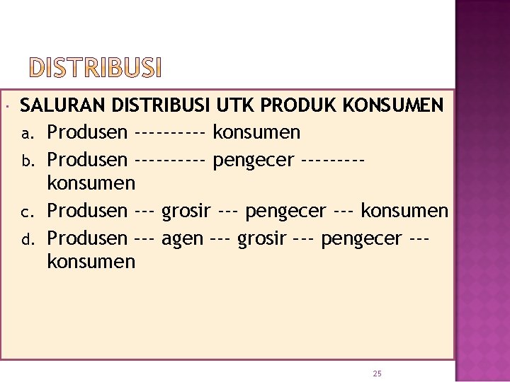  SALURAN DISTRIBUSI UTK PRODUK KONSUMEN a. Produsen ----- konsumen b. Produsen ----- pengecer