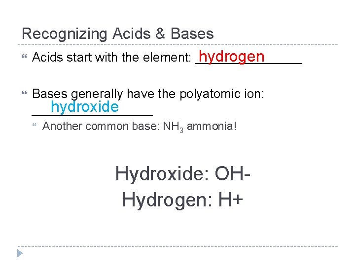 Recognizing Acids & Bases hydrogen Acids start with the element: ________ Bases generally have