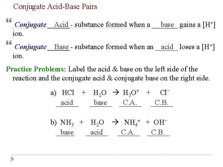 Conjugate Acid-Base Pairs Acid substance formed when a _______ base gains a [H+] Conjugate