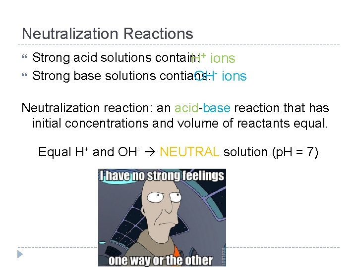 Neutralization Reactions Strong acid solutions contain: H+ ions Strong base solutions contians: OH- ions