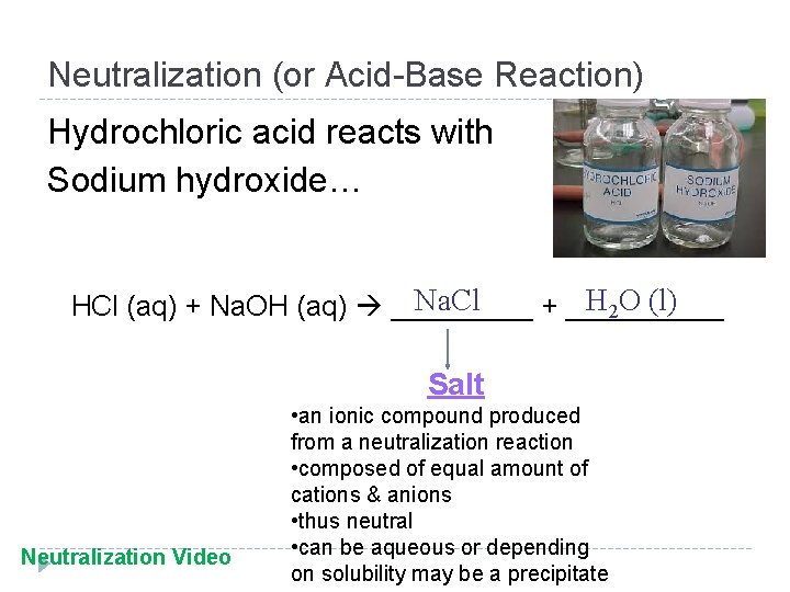 Neutralization (or Acid-Base Reaction) Hydrochloric acid reacts with Sodium hydroxide… Na. Cl H 2