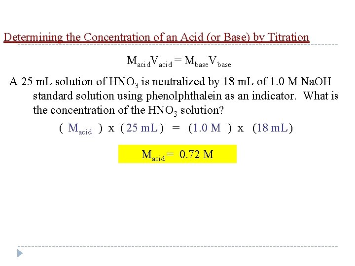 Determining the Concentration of an Acid (or Base) by Titration Macid. Vacid = Mbase.