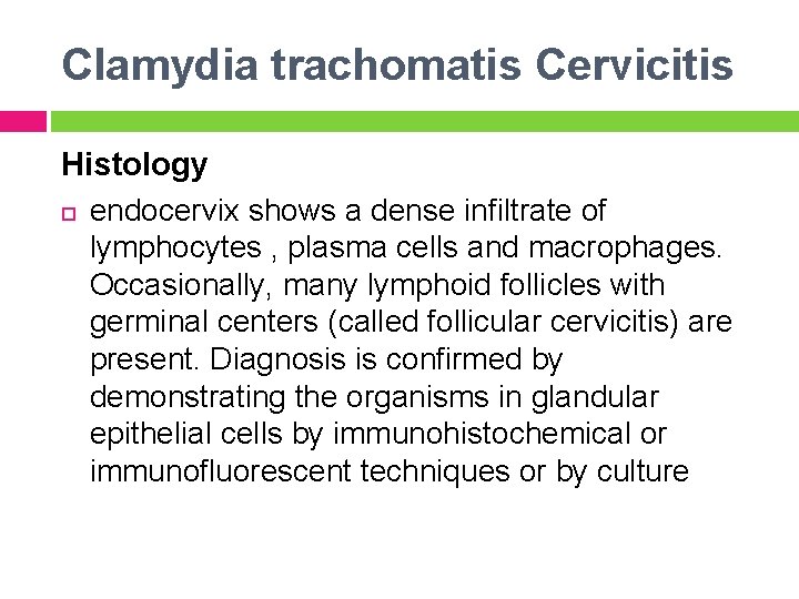 Clamydia trachomatis Cervicitis Histology endocervix shows a dense infiltrate of lymphocytes , plasma cells