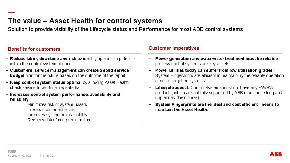 — The value – Asset Health for control systems Solution to provide visibility of