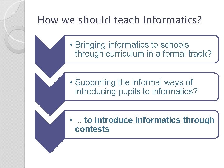 How we should teach Informatics? • Bringing informatics to schools through curriculum in a