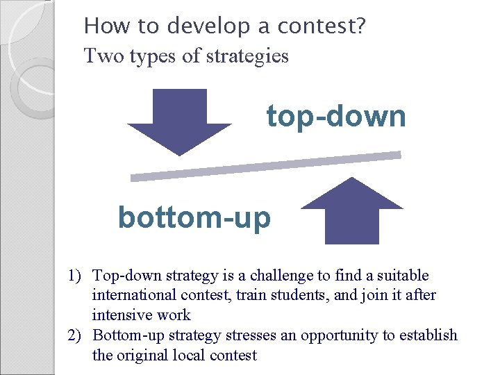 How to develop a contest? Two types of strategies top-down bottom-up 1) Top-down strategy