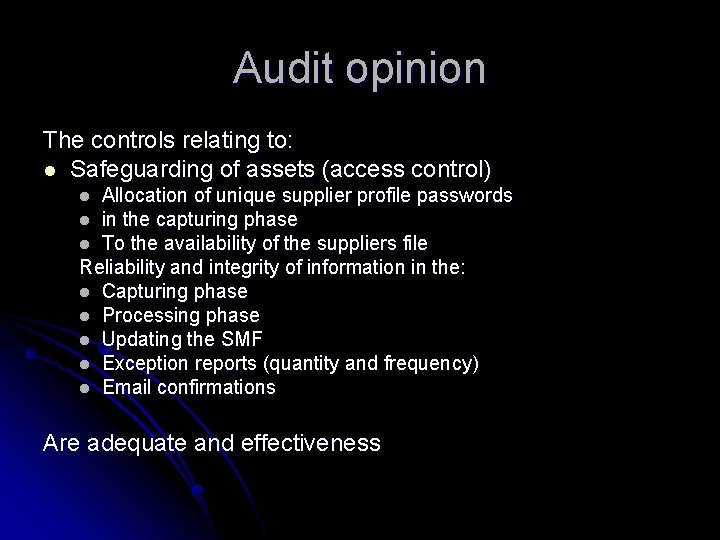 Audit opinion The controls relating to: l Safeguarding of assets (access control) Allocation of