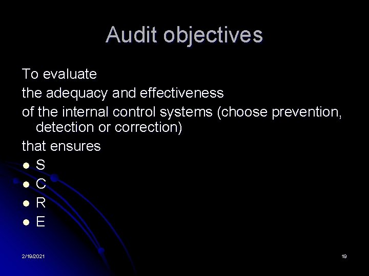 Audit objectives To evaluate the adequacy and effectiveness of the internal control systems (choose