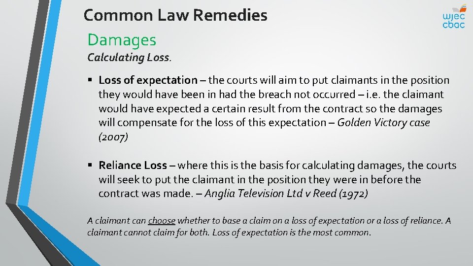 Common Law Remedies Damages Calculating Loss. § Loss of expectation – the courts will