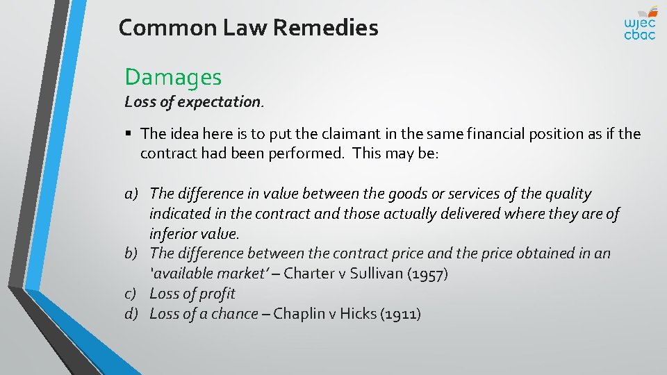 Common Law Remedies Damages Loss of expectation. § The idea here is to put