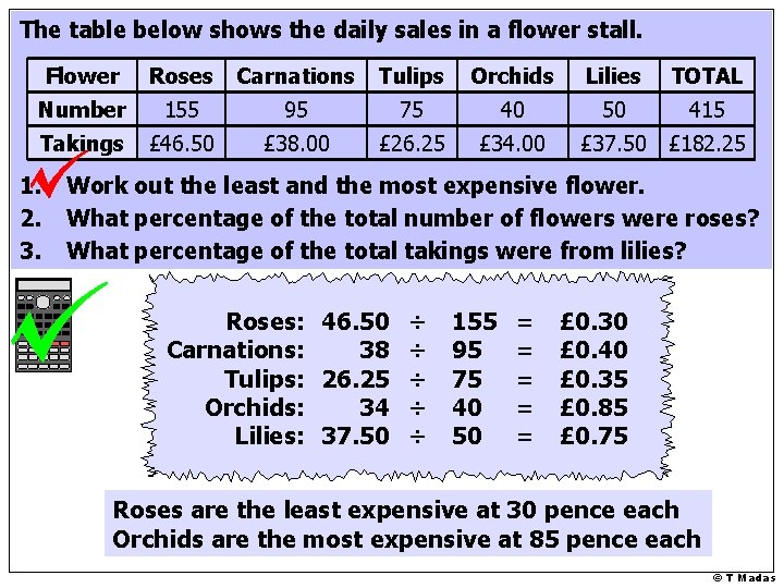 The table below shows the daily sales in a flower stall. Flower Roses Carnations