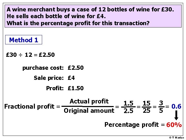 A wine merchant buys a case of 12 bottles of wine for £ 30.