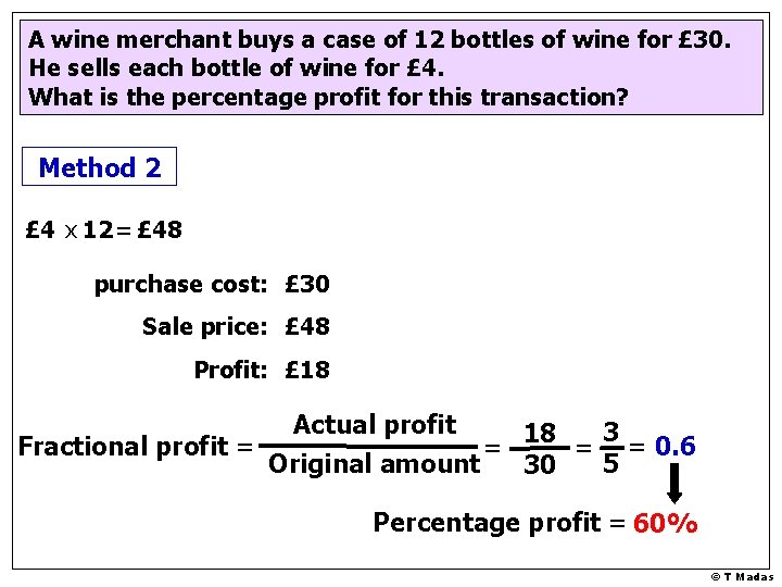 A wine merchant buys a case of 12 bottles of wine for £ 30.