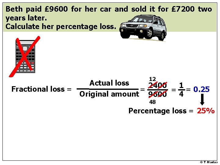 Beth paid £ 9600 for her car and sold it for £ 7200 two