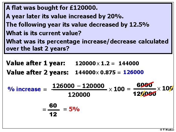 A flat was bought for £ 120000. A year later its value increased by