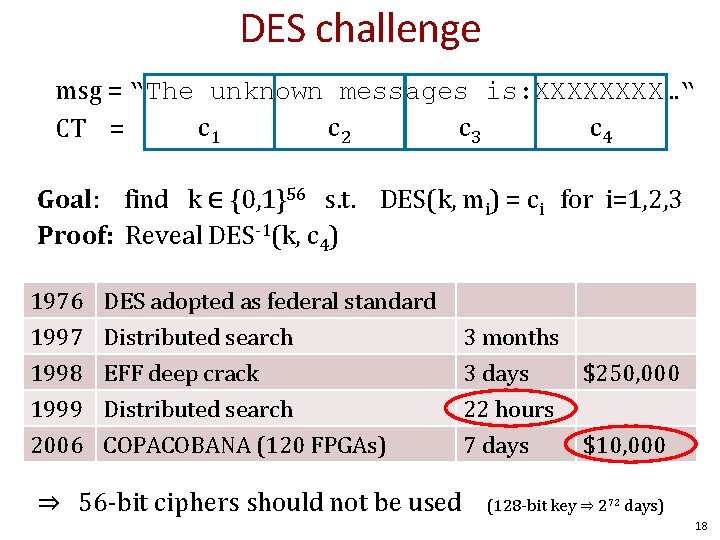 DES challenge msg = “The unknown messages is: XXXX…“ c 1 c 2 c