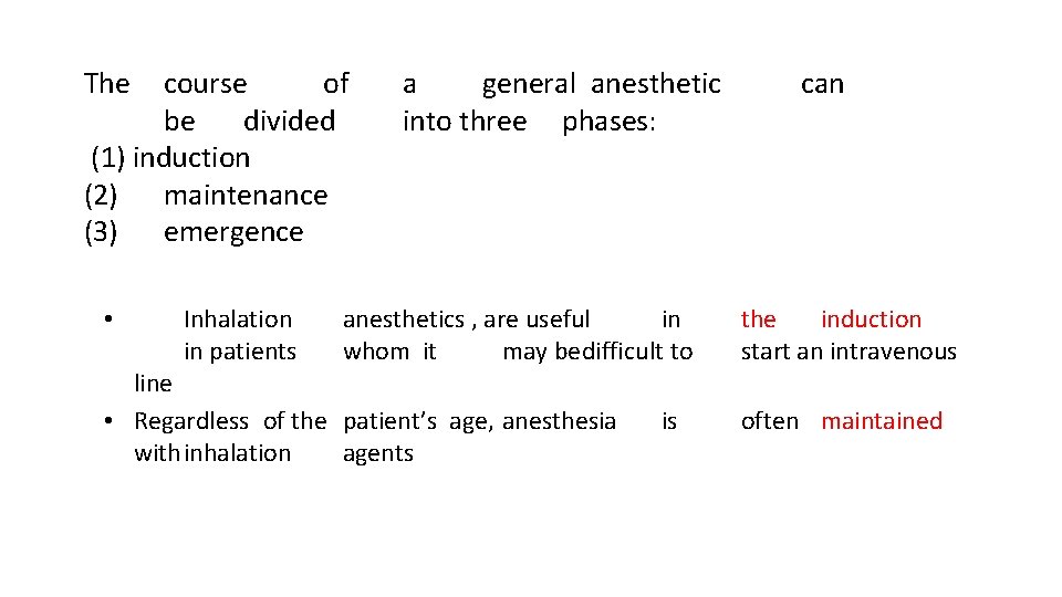 The course of be divided (1) induction (2) maintenance (3) emergence • Inhalation in