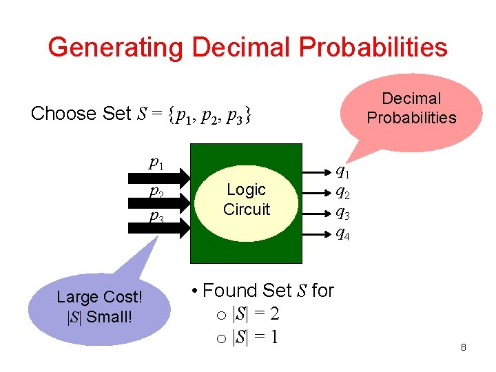 Generating Decimal Probabilities Choose Set S = {p 1, p 2, p 3} p