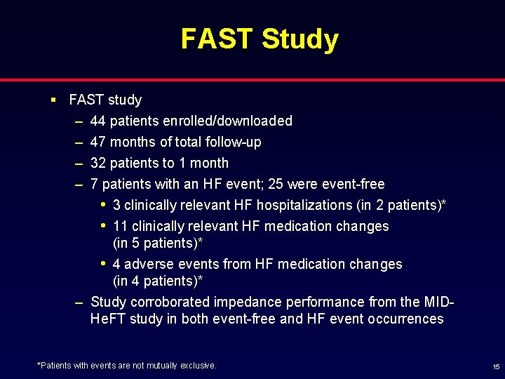 FAST Study § FAST study – 44 patients enrolled/downloaded – 47 months of total